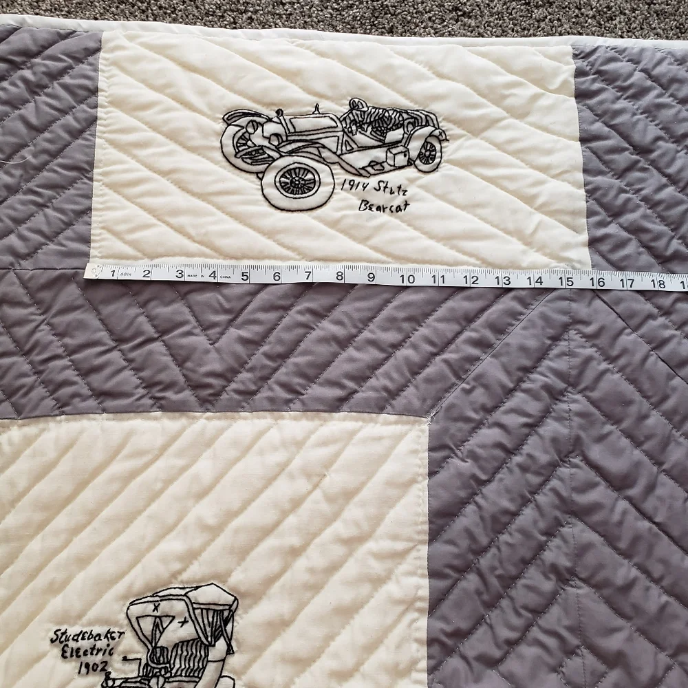 King Queen Quilt Embroidered Antique Cars Grey White Hand Stitched Needlepoint